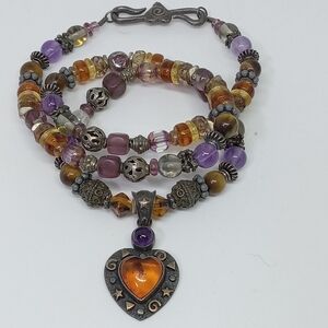 * vintage 925 Honey Amber heart stars artisan necklace 18" amethyst stone beads